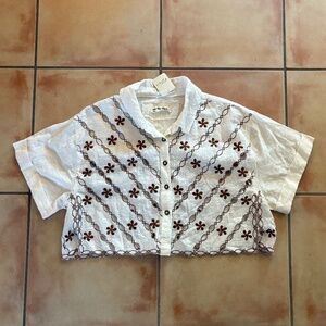 We the Free People Wildflower Embroidered Cuffed Sleeve Button Up Top